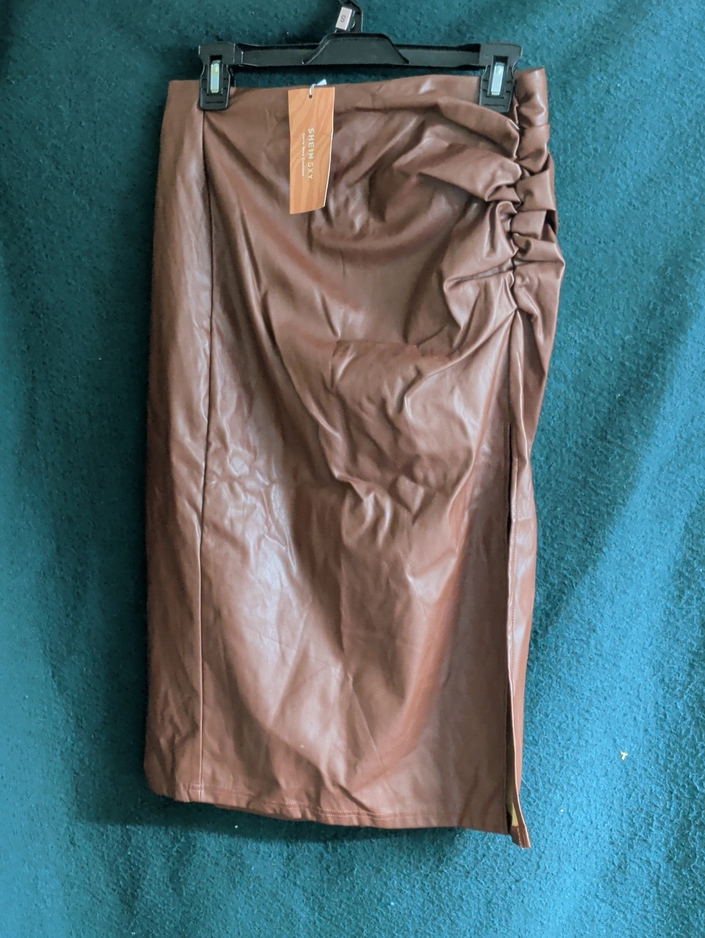 SHEIN Brown Faux Leather Ruched Side Pencil Skirt